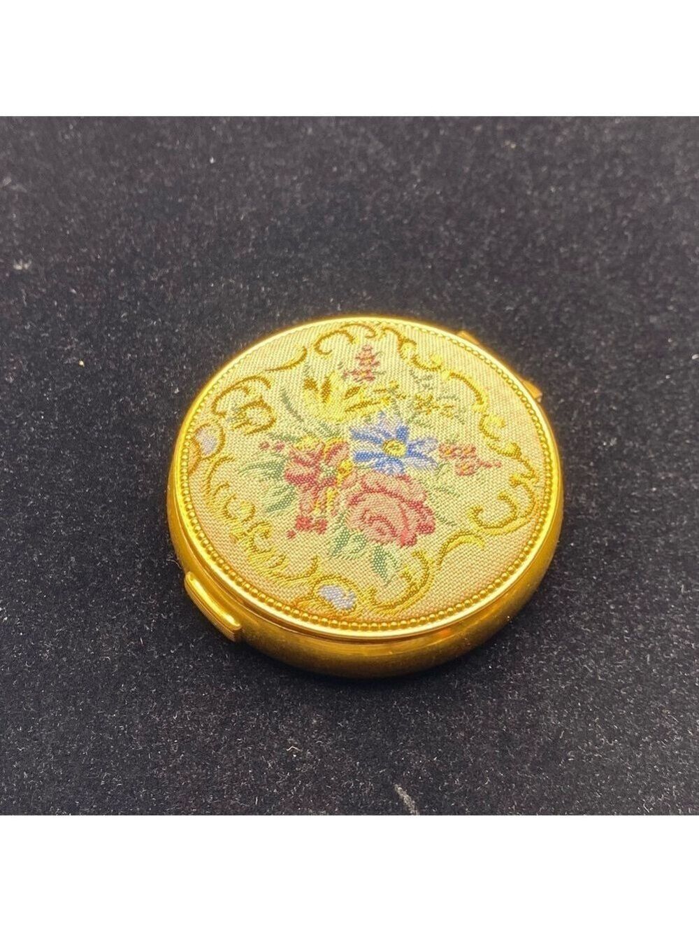 Vintage Evans Needlepoint Embroidered Floral Makeup Round Compact